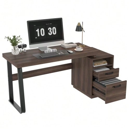 135 X 54 Cm Modern Desk In A Minimalist Style, MDF Desktop With High-Quality Steel Tubing, Super Durable, Multifunctional Storage Design, Silent Drawer, File Drawer - 棕色 - 查看 1