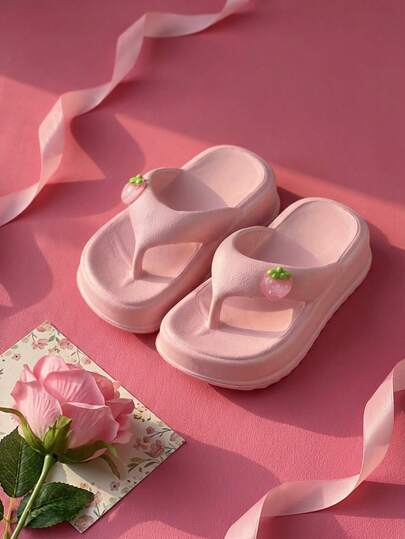 HAHABOBO Girls Summer Cute 3D Strawberry Embellished Thick-Sole Flip Flops, EVA Toe-Post Sandals