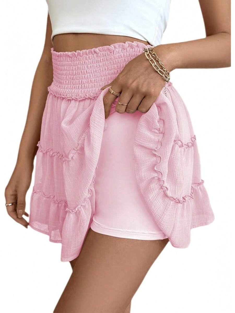 Women's Summer High-Waisted Ruffle Tennis Skirt, Flowing Skirt, Suitable Nighttime Wear - Pink - View 1