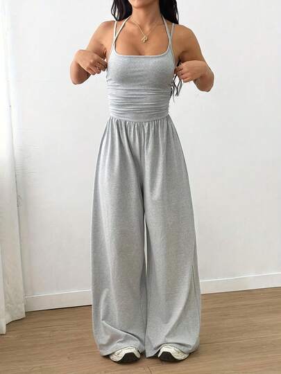 Mono de pierna ancha color gris para mujer en verano, sin mangas, cintura alta, pantalones largos/Atuendos de vacaciones para mujer/Monos para mujer/Atuendos de verano para mujer