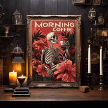 1 peça, Arte de Parede em Tela, Decoração de Parede Emoldurada, Pintura em Tela Vintage com Caveira de Café Bom Dia e Flor Vermelha, Pôster Decorativo Sem Moldura Estilo Gótico Dark Academia Popular, Decoração de Bar de Café, Decoração de Casa Moderna, Decoração de Quarto, Decoração de Dormitório, Decoração de Quarto, Decoração de Sala de Estar, Decoração de Banheiro - Caveira de Café - Visão 2
