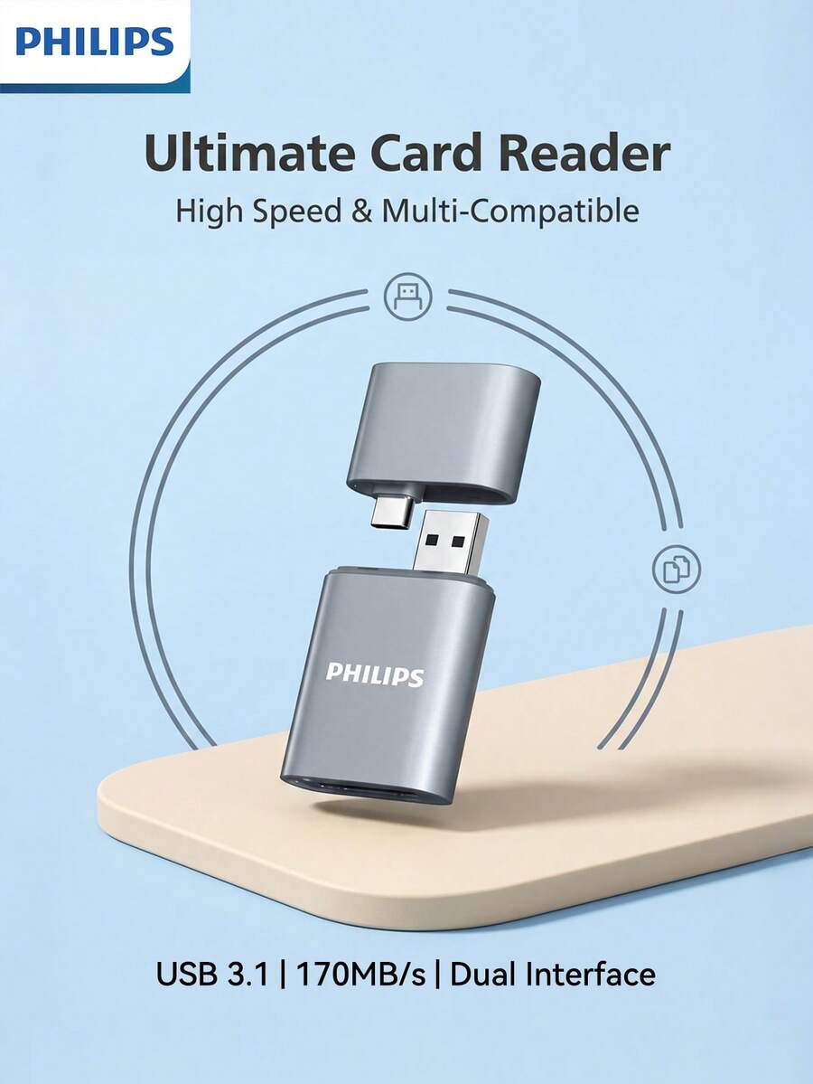 PHILIPS Portable SD Card Reader, USB 3.1 Interface For Efficient And Stable Performance, Dual-Interface Plug And Play, Lanyard Hole For Easy Carrying, Ideal For Photography And Everyday Data Transfer. - View 1