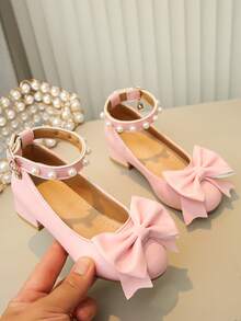 Mädchen Mary Jane Schuhe mit großer Schleife, Perlen-Knöchelriemen und klobigem niedrigem Absatz, Kinder Hochzeits- und Partykleid Schuhe, kleine Mädchen Prinzessin Schuhe - Pink - Übersicht 4