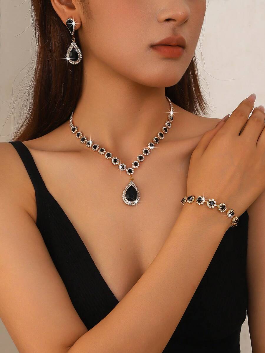 1套女款時尚珠寶套組，包含項鍊、耳環與手鍊 - 金黑色 - 查看 1