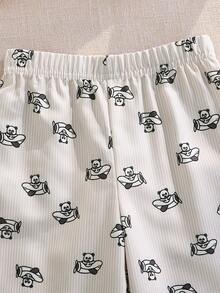 2pcs Baby Boy Autumn Woven Crew Neck Long Sleeve Sweatshirt Set, Children's Fashion Basic Style Bear Embroidery Ribbed Collar Apricot Top, Elastic Waist Versatile Bear Baby Airplane Print All-Over Print Wide Leg Pants, Spring Play & Vacation Outfit With Hat - Apricot - View 5