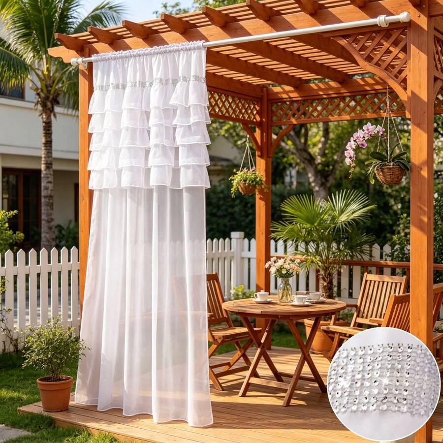 FLYINGCURTAINS 2PCS Rod Pocket Outdoor White Ruffle Sheer Curtains, Rhinestone Trim Light Filter Drapes, For Terrace, Courtyard, Pergola, Lovely Housewarming Gift