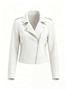 SS-Sunrise Fashion Women's Fashion White Suede Motorcycle Jacket, Collar, Long Sleeve, Zipper Detail And Short Design, Suitable For Winter Wear. - White - View 6