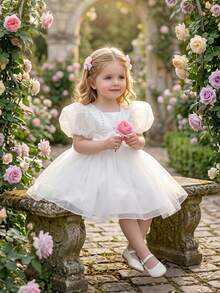 Vestido blanco elegante para niña de flores con mangas abullonadas, espalda en V con lazo y cuentas, adecuado para fiesta de primer cumpleaños, diadema no incluida - Blanco - Ver 4