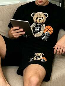 Men's Summer Solid Color Basketball Bear Print Short Sleeve & Shorts 2-Piece Pajama Set, Streetwear Cool Home Loungewear - Multicolor - View 5