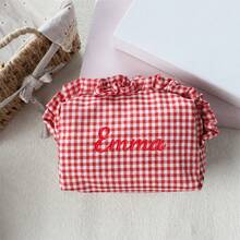 Personalized Gingham Cosmetic Bag, Ruffle Trim Makeup Pouch, Custom Name Toiletry Organizer, Small Travel Storage Bag, Coin Purse, Cute Gift - Multicolor - View 21