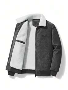 Chaqueta con cremallera, forro de peluche y parche con letra para hombre, otoño/invierno - Gris - Ver 1