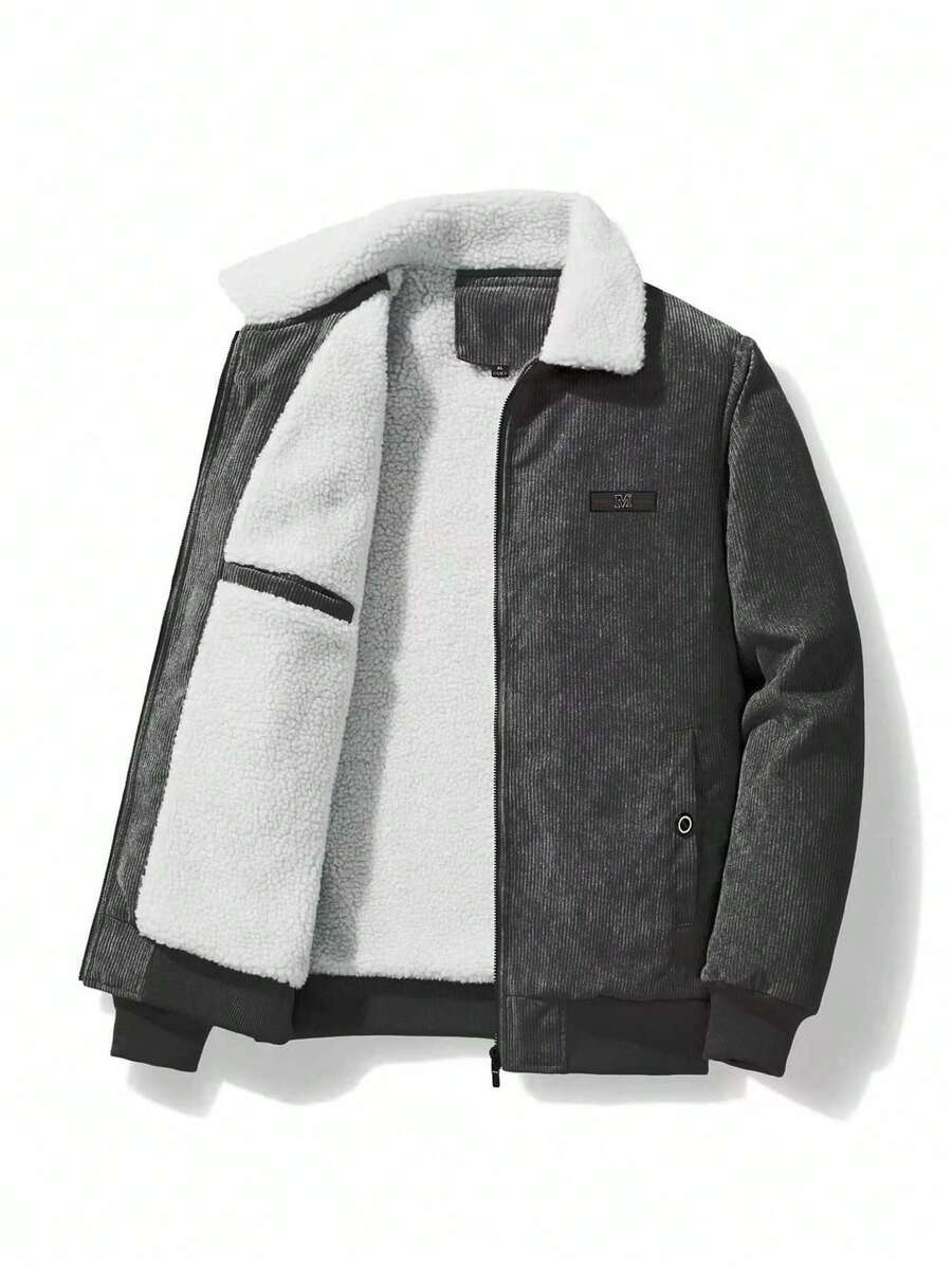 Chaqueta con cremallera, forro de peluche y parche con letra para hombre, otoño/invierno - Gris - Ver 1