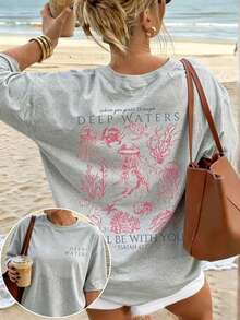 Cute Marine Life Print Women's Loose T-Shirt, Round Neck Short Sleeve Summer Top, Vintage Street Style Washed Cotton Graphic Tee For Vacation Daily - 灰色 - 查看 1