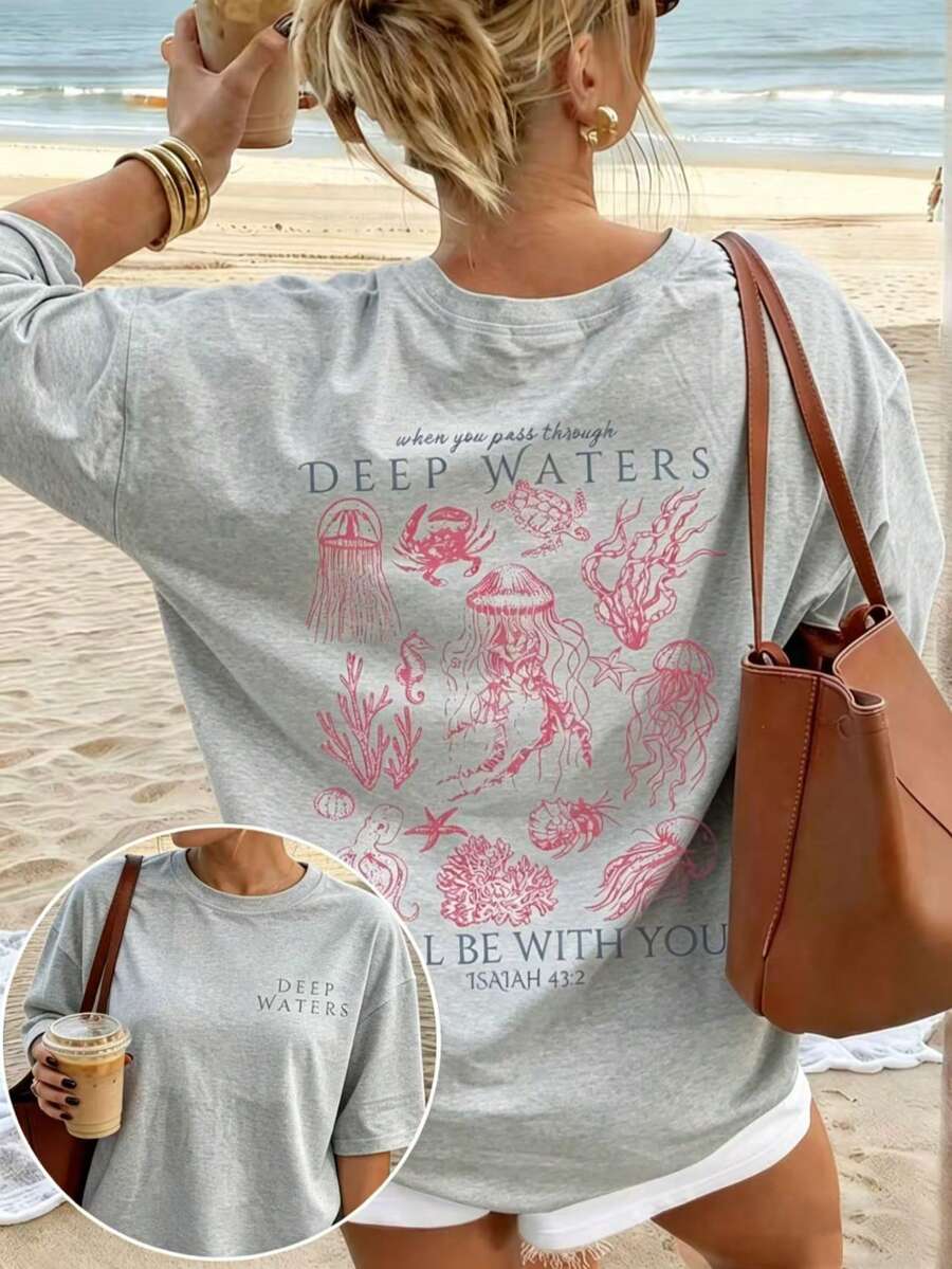Cute Marine Life Print Women's Loose T-Shirt, Round Neck Short Sleeve Summer Top, Vintage Street Style Washed Cotton Graphic Tee For Vacation Daily - 灰色 - 查看 1
