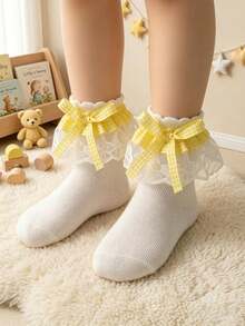 Regalo Perfecto 1 Par de Calcetines de Princesa con Encaje, Cuadros, Lazo y Volantes para Niñas, Calcetines Versátiles para Baile y Fiesta, Regreso a la Escuela, Adecuados para Combinar con Vestidos - Multicolor - Ver 7