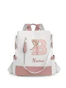 Personalized Custom Name A-Z 26 English Letters Premium Backpack, Fashion Anti-Theft Versatile Large Capacity Travel School Bag, Exquisite Cute Pink Ballet Girl Pattern Fashion Contrast Color Design Lightweight Large Capacity, Perfect For Daily Outings, Work Commute, School - White and Pink - View 32