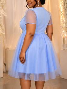 Plus Size Elegant Light Blue A Line Dress With Layered Tulle Sheer Short Sleeves Gold Applique Flowy Summer Wedding Guest Prom Party Dresses - Baby Blue - View 2