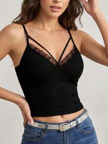 Women's Frill Trim Camisole Top, V-Neck Spaghetti Strap, Floral Sheer Mesh Back, Comfortable Tank Top - Black - View 7