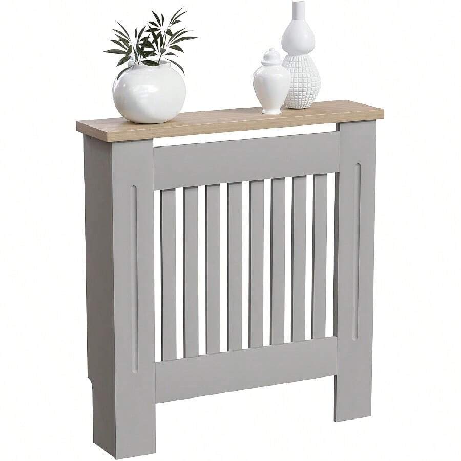 White Modern Shaker Radiator Cover Medium H83.3xW111xD19cm Vertical Slat Design Painted MDF Wood Top Shelf Optimal Heat Circulation - Olive Grey - View 1