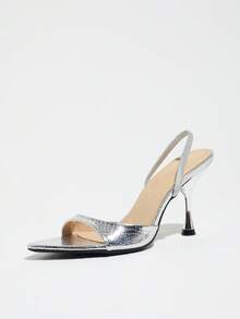 Jin Bei Qi Women's Silver Quilted Pointed Toe Stiletto High Heel Sandals With Back Strap, Featuring Clear And Delicate Embossed Texture, Strong Mirror Reflective Finish, Futuristic And Cool Luxury Vibe, Textured Pattern Adds Depth To The Solid Silver Color, Not Monotonous, Suitable For Parties, Socialites, And Banquets - Silver - View 7