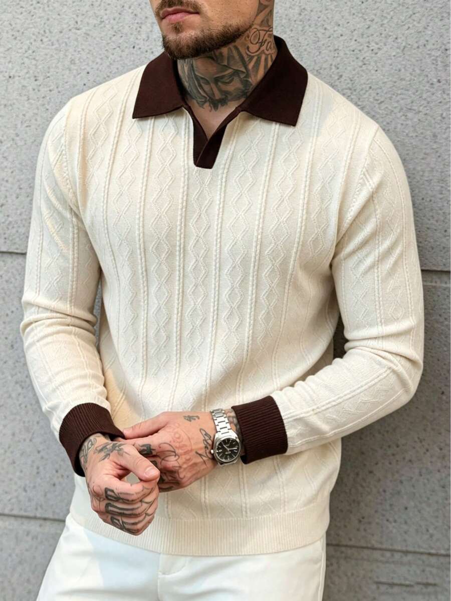 Men's Slim Fit Versatile Comfortable Knit Polo Long Sleeve Top - Apricot - View 1