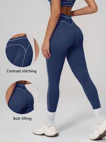 TimeOff Pantalones deportivos largos cortos de cintura alta con control de abdomen y decoración de línea blanca en bloques de color para mujer, 1 pieza - Azul Marino - Ver 10