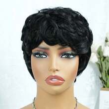 AMECIRE Wig Keriting Hitam Potongan Pixie Wig Rambut Pendek Wanita Wig Rambut Manusia dengan Poni Bentuk Mengembang 4 Inci Topi Jaring Elastis Cocok untuk Pemakaian Sehari-hari - Natural Black - View 7