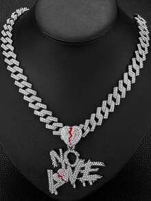 1 pieza Colgante con forma de corazón agrietado "SIN AMOR" talla grande vendido, con rhinestones completos, con cadena cubana, regalo de moda de hip-hop para hombres - colgante de amor - Ver 10