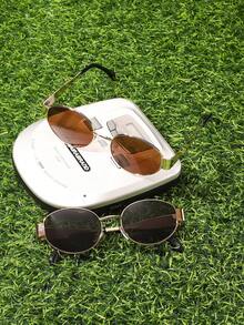 Shadewire 2 piezas Gafas de marco completo geométricas de cobre, estilo clásico vintage INS, multicolor, para mujeres, verano, escuela, conducir, festival, regalo, accesorios retro vintage de vuelta a la escuela - 2 piezas de combinación de té dorado, gris y dorado - Ver 2