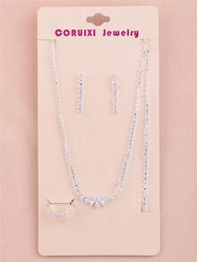 CORUIXI 1 Set Exquisite Compact Diamond Jewelry Set For Women, Shiny Zirconia + Rhinestone Necklace, Earrings, Bracelet, Ring, 4-Piece Elegant Accessories Suitable For Festivals And Daily Wear - Silver - View 7