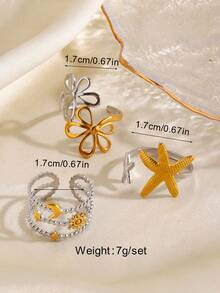 3pcs Stainless Steel 18K Gold Plated Dual-Tone Star Moon Ring Set, Suitable For Women's Daily Wear And Vacation - Multicolor - View 2