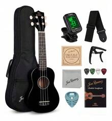 21in Soprano Acoustic Ukulele Kit Instruments With Tuner, Strap, 4 Strings, And Case - Concert Ukulele - Black - View 3
