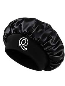 Silky Black Customized Initial Satin Sleep Cap, Elastic Wide Brim Hair Protection Cap, Soft Smooth Night Cap, Reduces Curly Hair Breakage - Black Letters - View 21