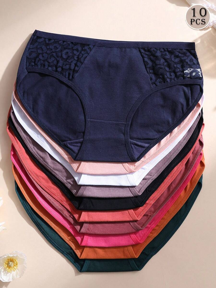 10件組女款純棉內褲，性感蕾絲拼接三角內褲，純色舒適透氣運動內褲