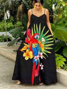 Women's Plus Size Summer Parrot Print Sleeveless Camisole Dress, Gradient Color Backless With Slit Elegant Black Vacation Party - Black - View 5