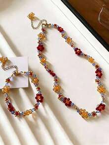 1pc Fashion Elegant Bohemian Style Geometric Beaded Flower Necklace, Suitable For Women's Daily Wear And Party, Daily Gift - Multicolor - View 1