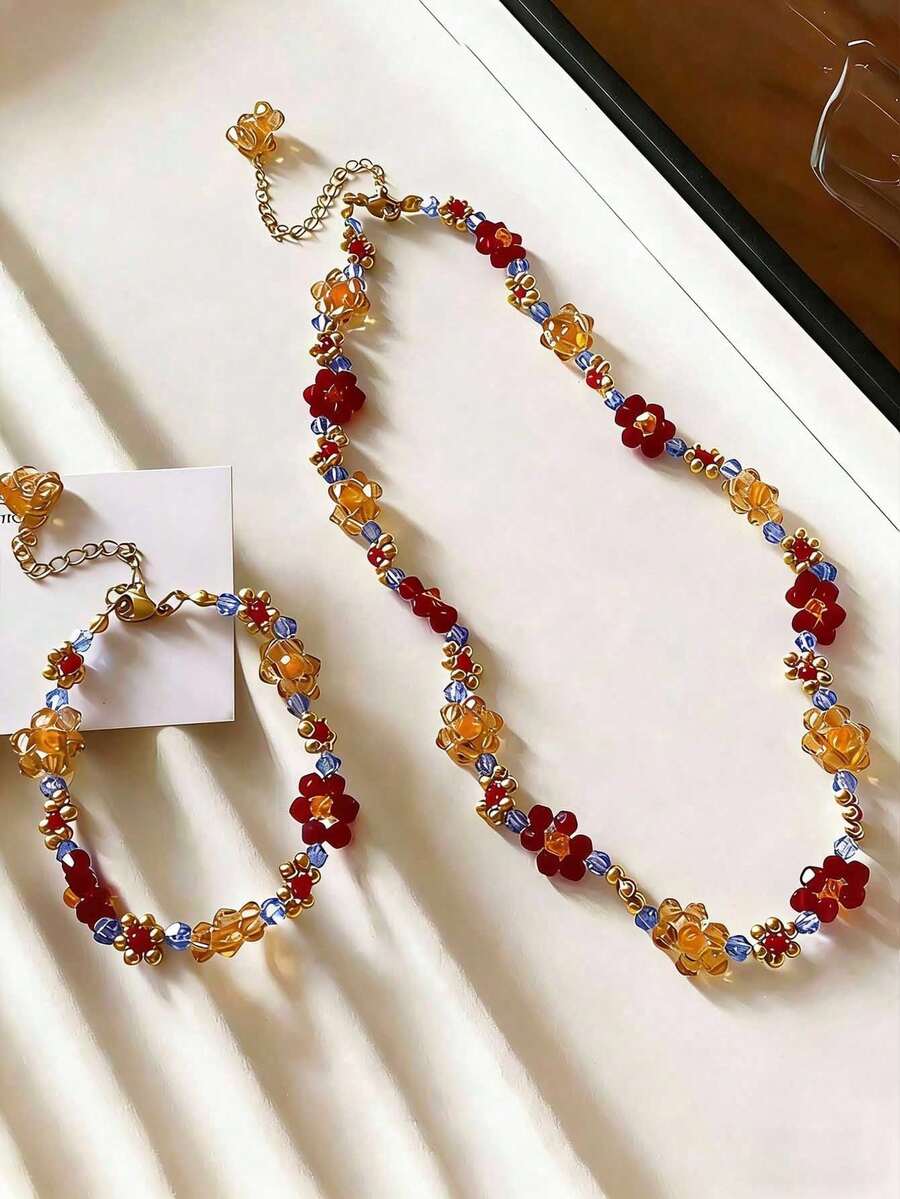 1pc Fashion Elegant Bohemian Style Geometric Beaded Flower Necklace, Suitable For Women's Daily Wear And Party, Daily Gift - Multicolor - View 1
