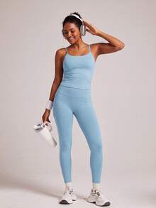 VUTRU Bra Olahraga Camisole Wanita, Atasan Pendek Yoga Kebugaran Tanpa Jahitan dengan Desain Racerback - Biru Langit - View 4
