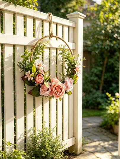 1 pieza Corona de rosas artificiales estilo campestre para colgar en la pared, decoración de ventana, aro floral con follaje verde falso para puerta de jardín exterior, decoración de habitación y dormitorio, corona de boda, perfecta para dormitorio, balcón, sala de estar o alféizar de ventana