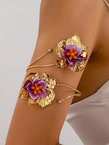 1pc Vintage Gilded Purple Flower Open Cuff Bracelet, 3D Floral Metal Arm Decor Bangle, Vacation Style - Golden Yellow - View 3