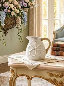1件白色手柄水壺花瓶，現代農舍風水壺花瓶，極簡歐式小眾高端復古壓紋花瓶，客廳鮮花花瓶，白色小牛奶壺裝飾 - C - 查看 1