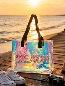 Iridescent Laser Transparent PVC Beach Tote Bag, Large Capacity Beach Letter + Matching Pattern Zipper Pouch, Waterproof Sand-Resistant Easy To Clean, Can Store Swimwear, Towels, Sunscreen, Cosmetics, Suitable For Beach Vacation, Pool Party, Camping Picnic, Short Trip Scenarios, Suitable For Students, Moms, Travel Girls, Qixi, Birthday, Summer Festival Gift, Also Can Be Used As Toiletry Bag, Shopping Bag, Travel Storage Bag - Multicolor - View 7