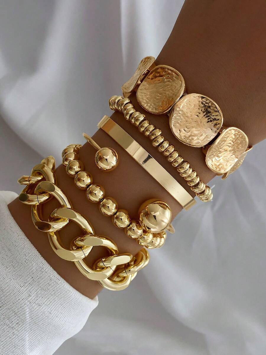 6pcs Women's Bohemian Minimalist Metal Chain Multi-Layer Bracelet Set - Yellow Gold - View 1