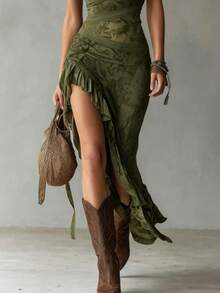 Y2K Grunge Style One Shoulder Maxi Dress, Patchwork Print Asymmetrical Hem Party Dress - Green - View 3