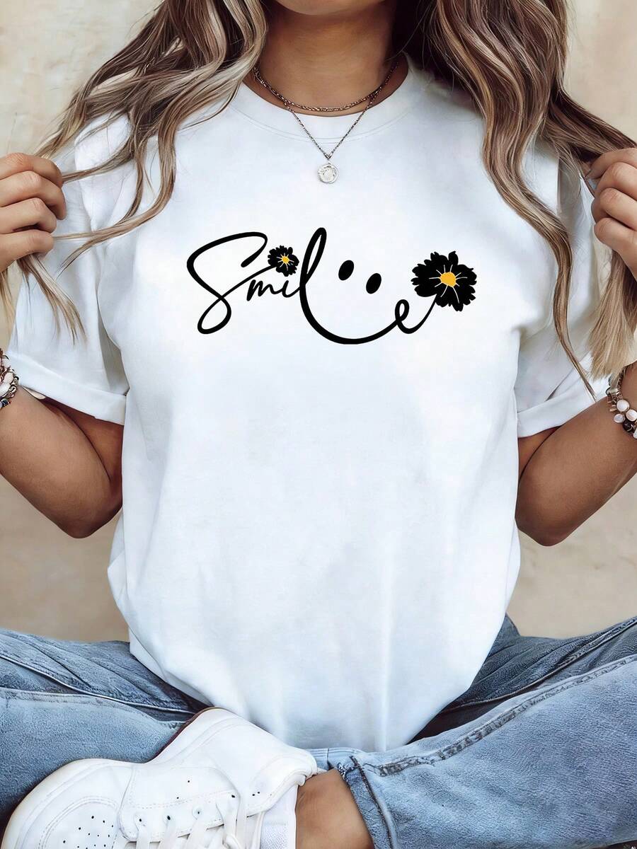Plus-Size Women's Clothing With Daisy Print T Shirt - Short-Sleeved Round-Neck Top,Suitable For Casual Wear In Spring And Summer,Elastic And Comforta - 白色 - 查看 1