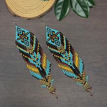 AHAYA Creative Fashion Rhombus Tassel Earrings, Geometric Beaded Handmade Glass Bead Dangle Earrings, Vintage Jewelry, Retro Accessories Suitable For Daily Wear - Turquoise - View 5