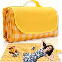 1pc Yellow & White Plaid Sand-Proof Picnic Mat, Orange Border, Foldable Durable Non-Woven Fabric, Suitable For Camping, Hiking And Outdoor Activities, Camping Essential, Plaid Pattern, Durable Canvas Material, Camping Accessory - Multicolor - View 4