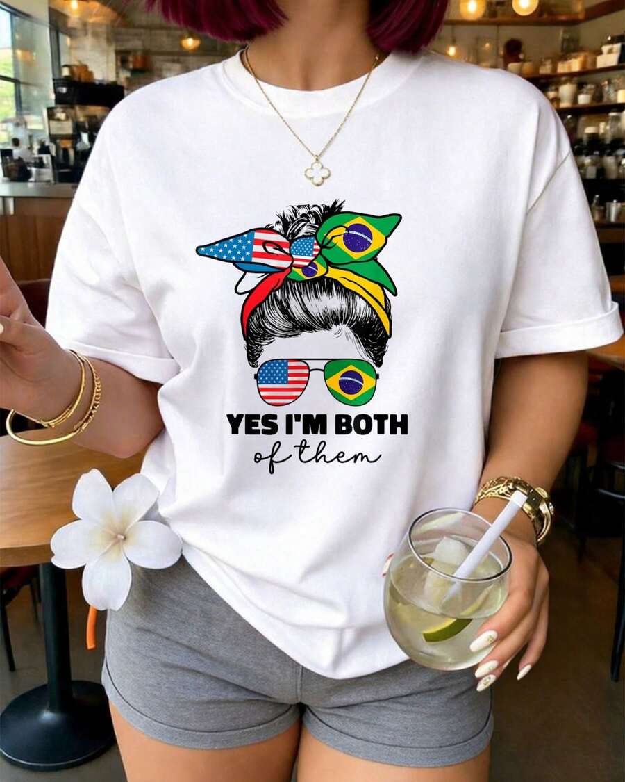 100% Cotton Women Christmas T-Shirt Half Brazilian Half American USA Brazil Culture Flag T-Shirt Print T-Shirt Comfort Tee Top For Spring & Summer - 藍色 - 查看 1