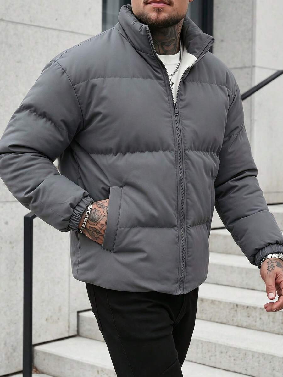 2025 Nouveau manteau matelassé chaud à col montant de couleur unie et minimaliste pour hommes, hiver - Gris - Voir 1