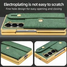 VIETAO 電鍍人造皮革手機殼，附腕帶、卡槽、支架，相容 Galaxy Z Fold 4 5 6 7 Fold7，時尚手機殼 - 綠色 - 查看 6